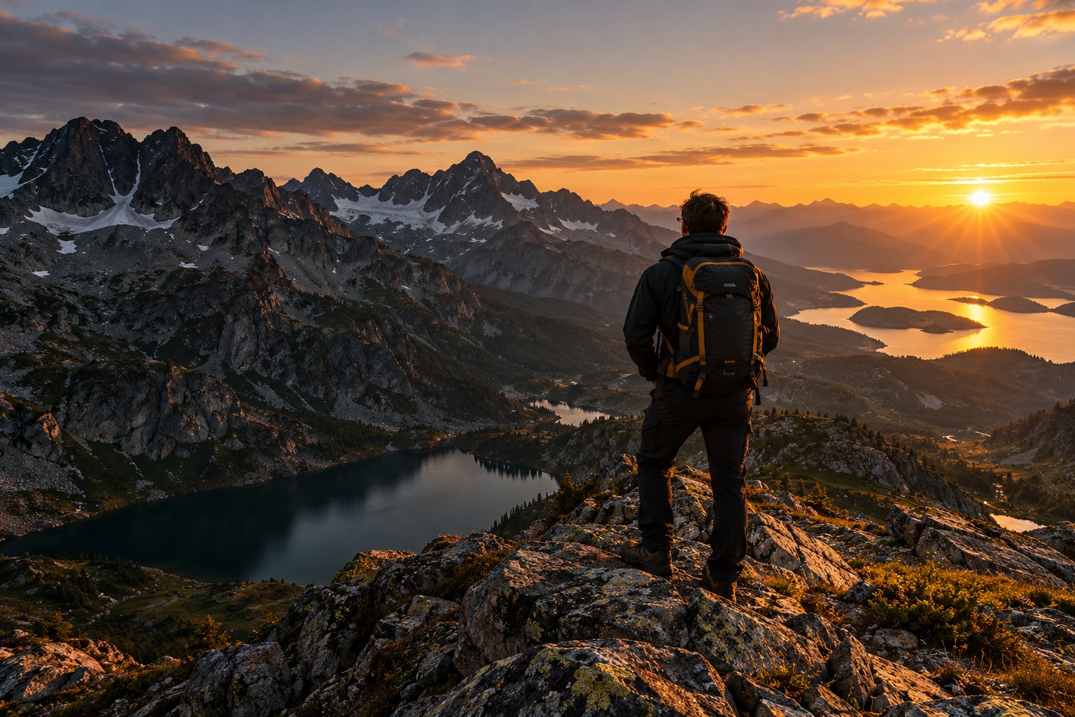 Escursionista di spalle su una cresta alpina al tramonto: scena illustrativa AI